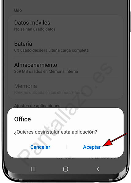 Mensaje desinstalar aplicación Samsung