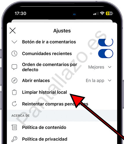 Limpiar historial local de Reddit en iPhone