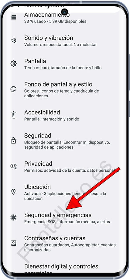 Ajustes seguridad y emergencias Android