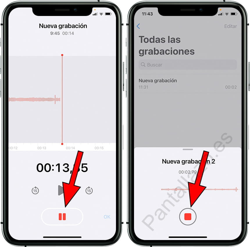 Pausar o detener nota de voz en iPhone