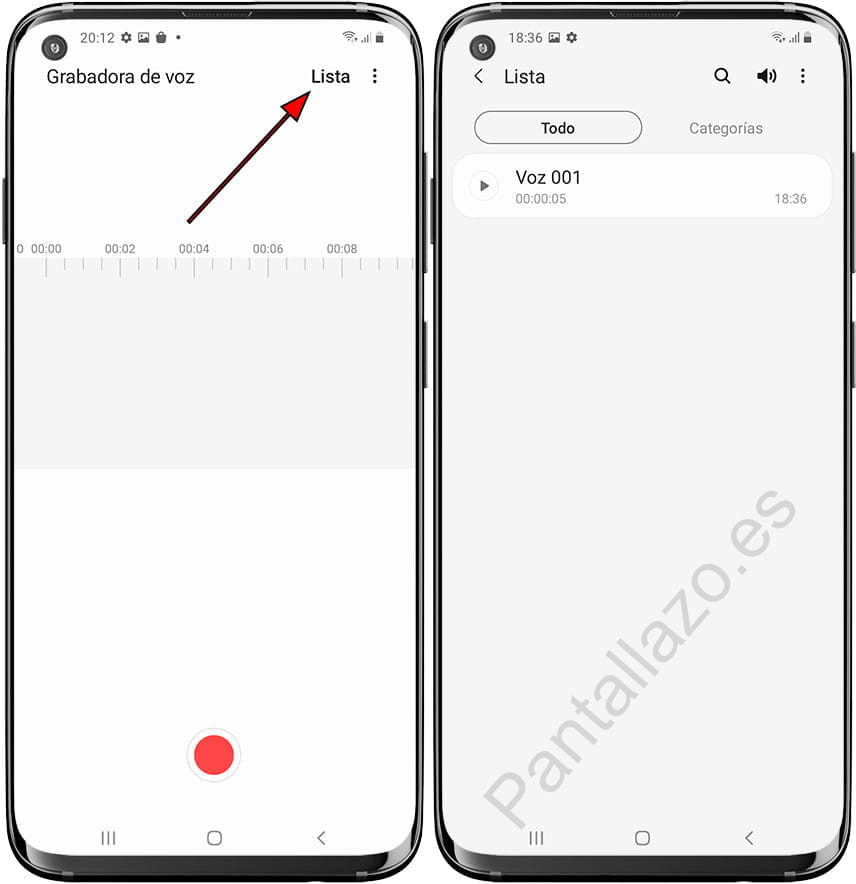 Listado grabaciones de voz Samsung