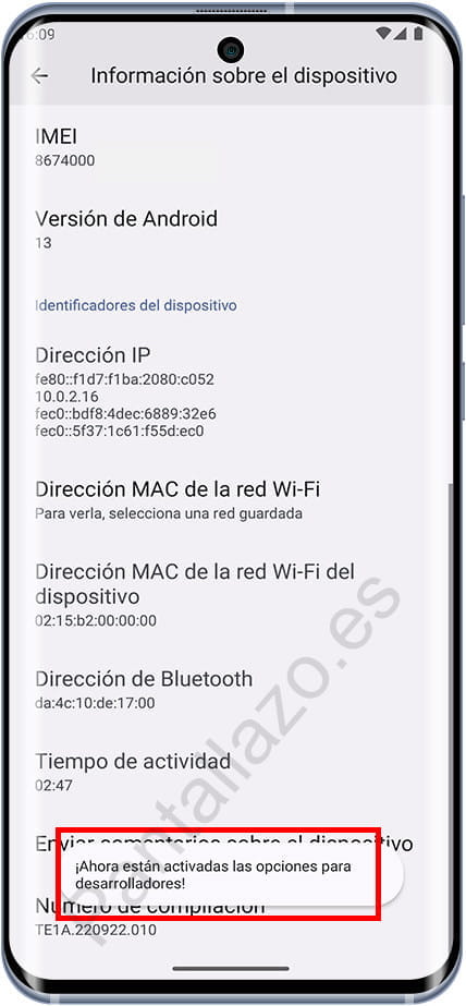 Modo desarrollo activado en Android