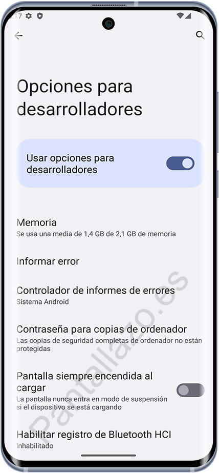 Menú Opciones para desarrolladores en Android
