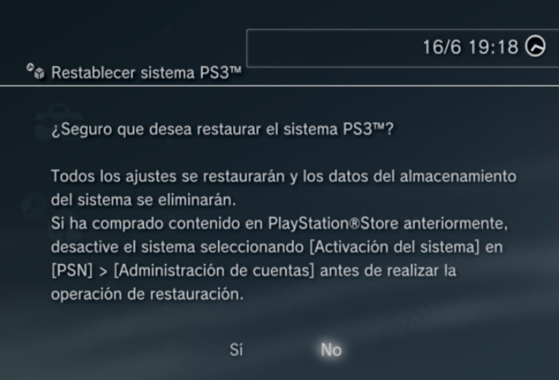 Confirmar restauración PS3