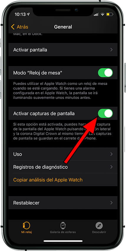 Activar capturas de pantalla Apple Watch