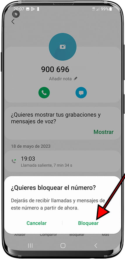 Confirmar bloquear contacto Samsung