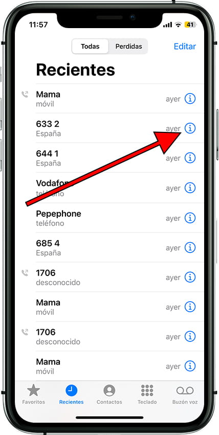 Información número de teléfono iOS