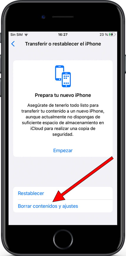 Menú restablecer iOS