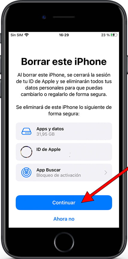 Mensaje confirmación reset iOS