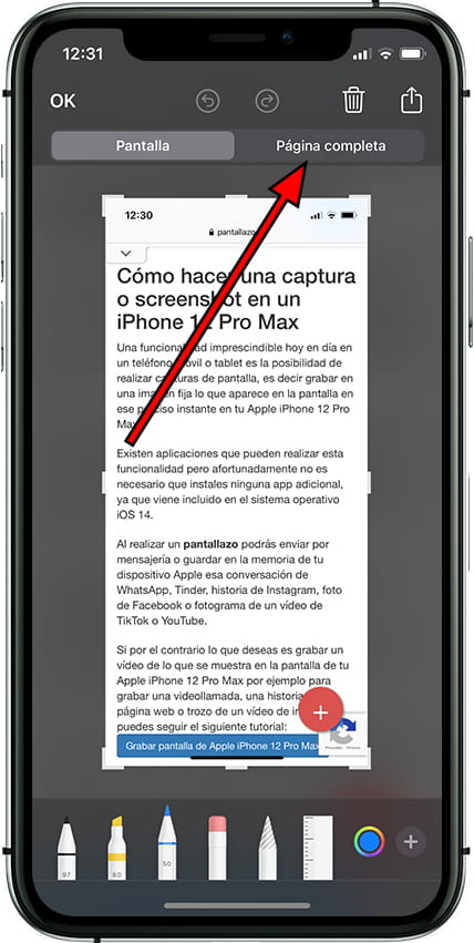 Captura de pantalla completa en Apple iPhone XR