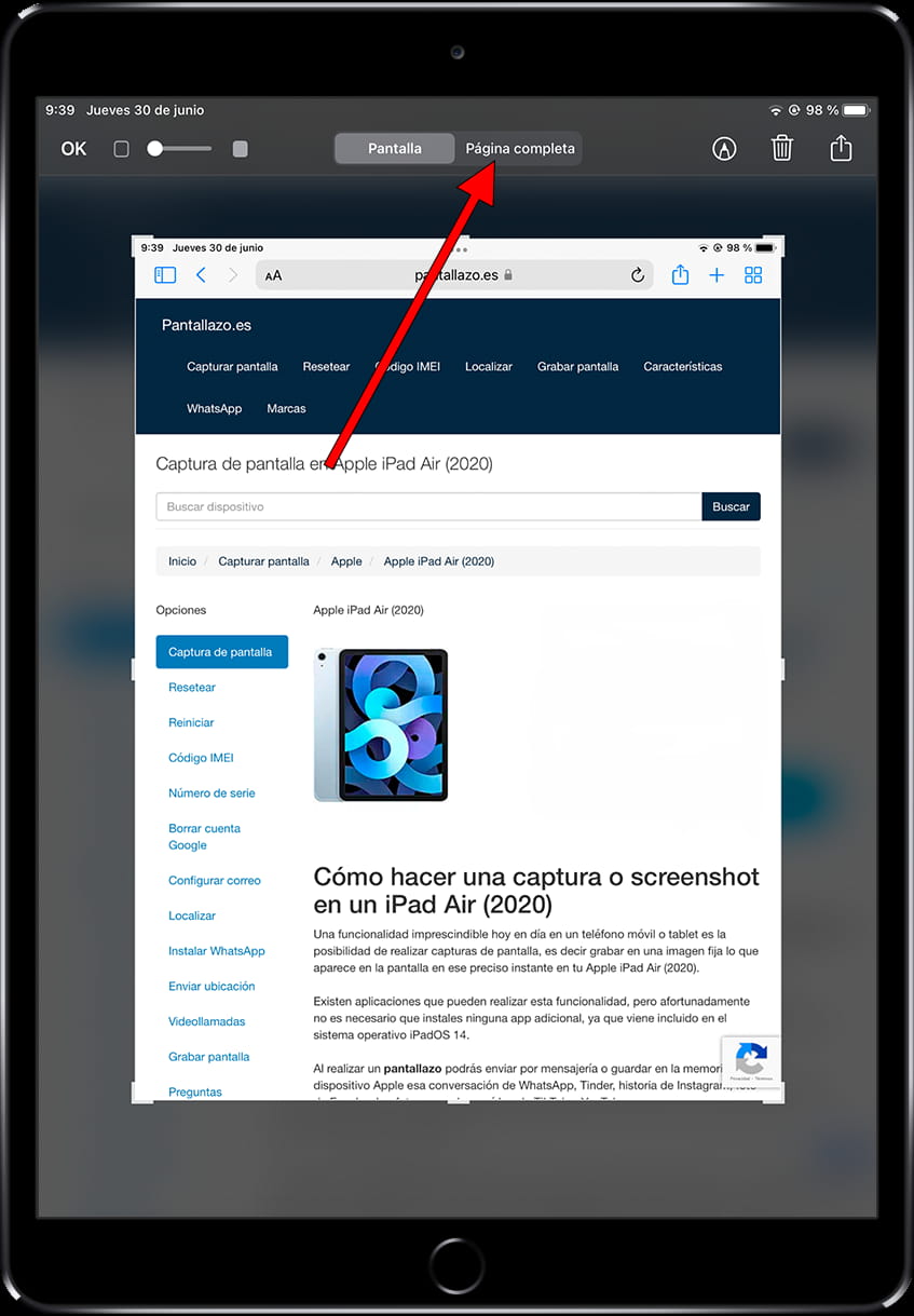 Captura de pantalla completa en Apple iPad Pro 9.7