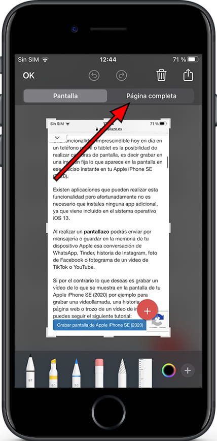 Captura de pantalla completa en Apple iPhone 7 Plus