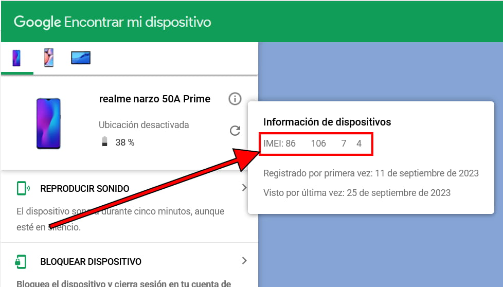 Código IMEI en Google