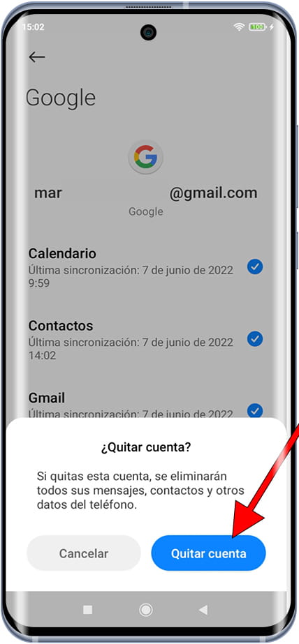 Confirmar quitar cuenta de Google en Xiaomi