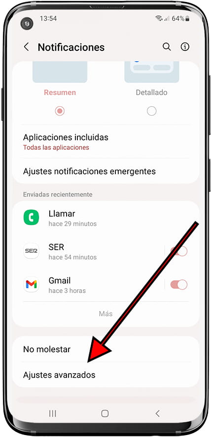 Ajustes avanzados de notificaciones Samsung