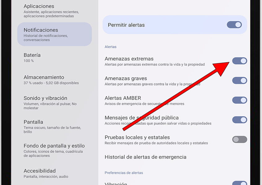 Activar o desactivar alertas amenazas extremas Android