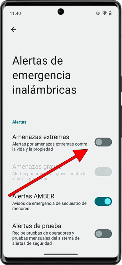 Activar o desactivar alertas amenazas extremas Android