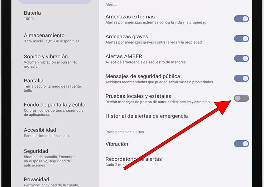 Activar o desactivar alertas de prueba Android