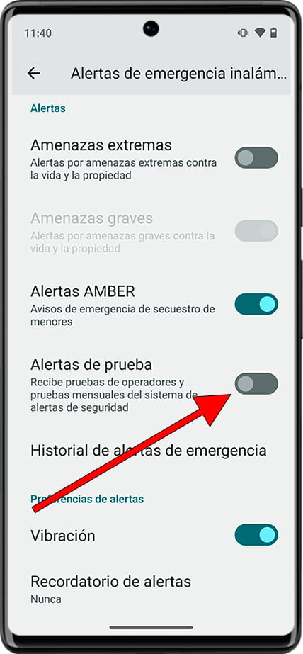 Activar o desactivar alertas de prueba Android