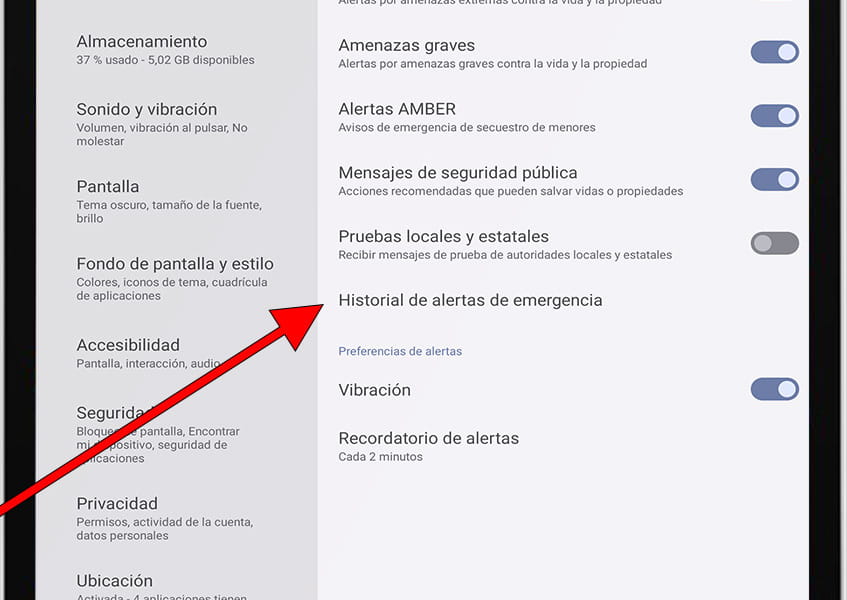 Historial de alertas de emergencia Android