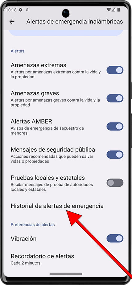 Historial de alertas de emergencia Android