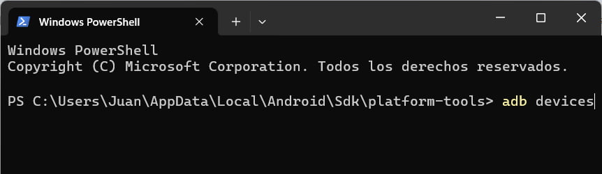 adb devices en terminal de Windows