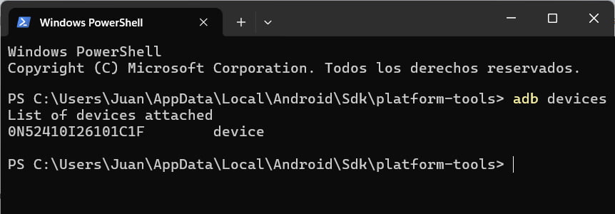 List of devices attached en terminal de Windows