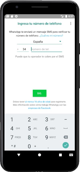 Introducir número de teléfono en WhatsApp