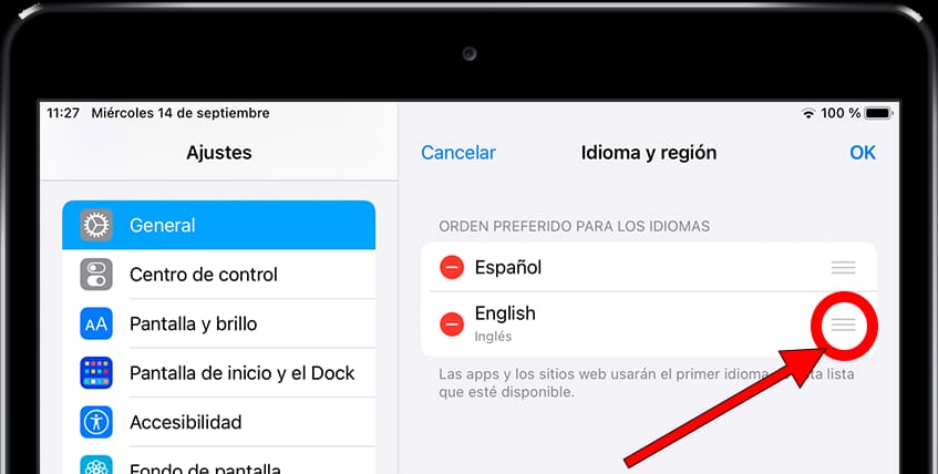 Cambiar orden idiomas iOS