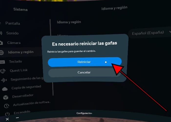 Mensaje reiniciar Oculus