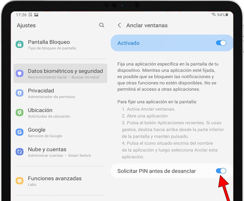 Activar fijar pantalla Samsung