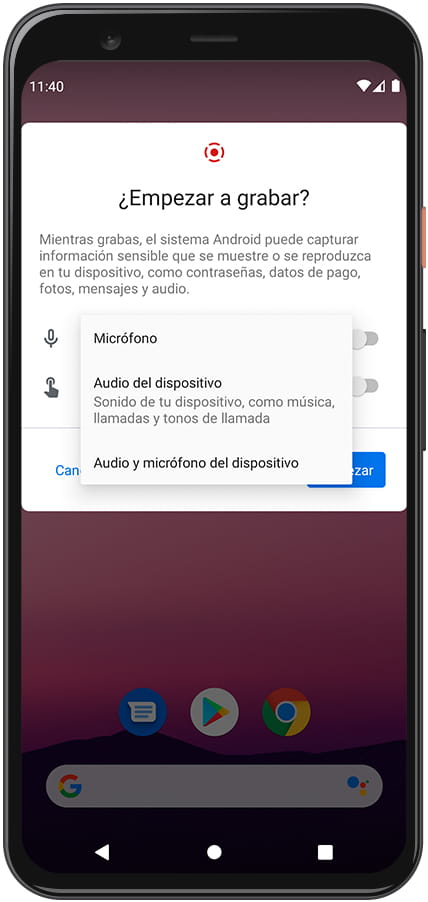 Mensaje grabar sonido pantalla Android JOY8 mate