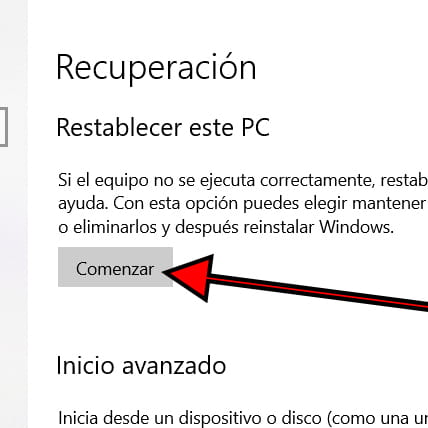 Comenzar recuperación Windows