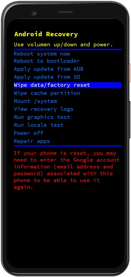 Wipe data/factory reset Android