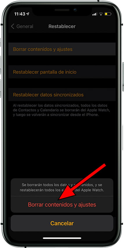 Confirmar borrar contenidos y ajustes Apple Watch