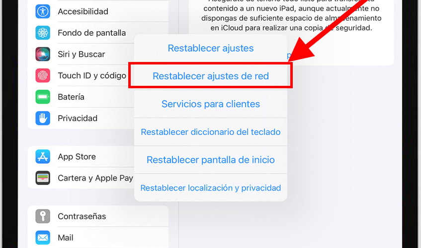 Botón restablecer ajustes de red iPhone