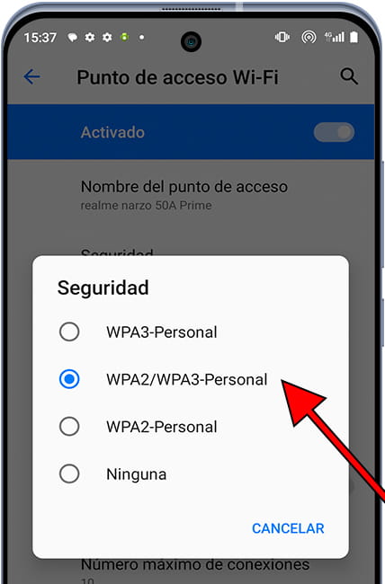 Modificar seguridad punto de acceso Android