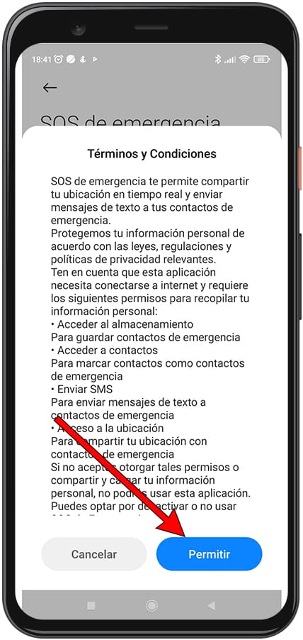 Permitir términos y condiciones SOS Xiaomi