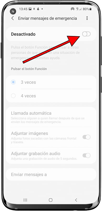 Activar mensajes de emergencia Samsung