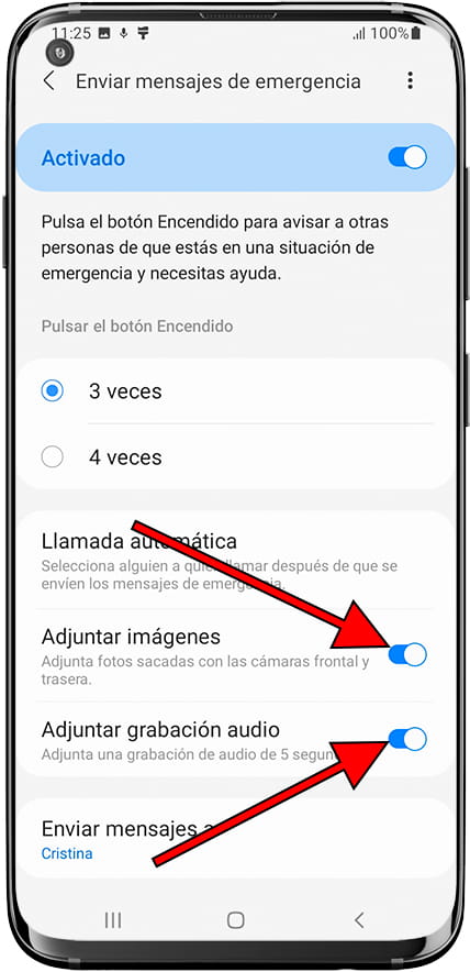 Adjuntar imágenes y audio emergencia Samsung