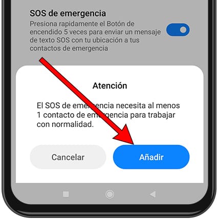 Mensaje añadir contactos de emergencia Xiaomi