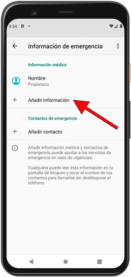 Añadir información de emergencia Android