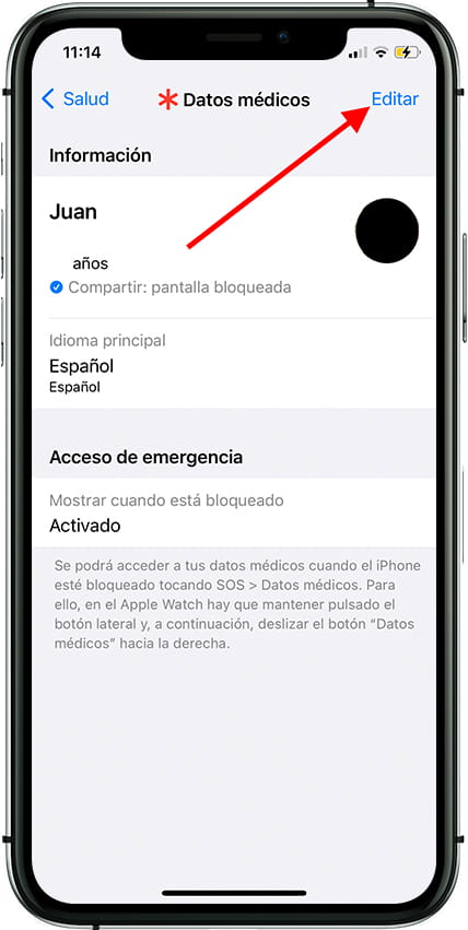 Editar datos médicos iPhone