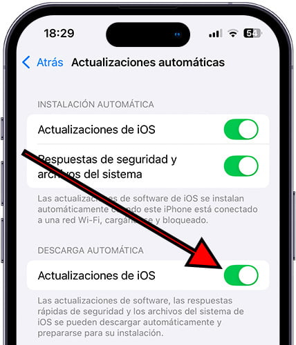 Descarga automática de actualizaciones de iOS iPhone