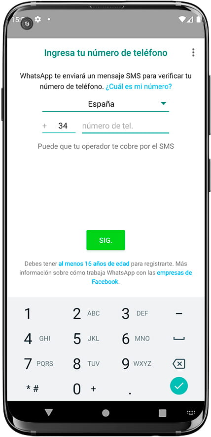 Introducir número de teléfono en WhatsApp