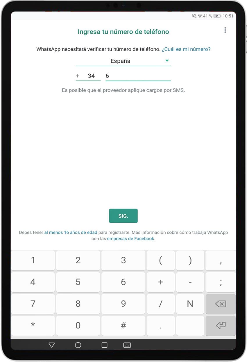 Introducir número de teléfono en WhatsApp